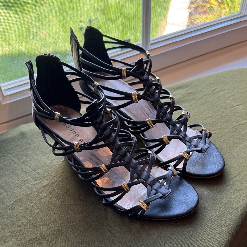 Madden Girl Black and Gold Strappy Sandals